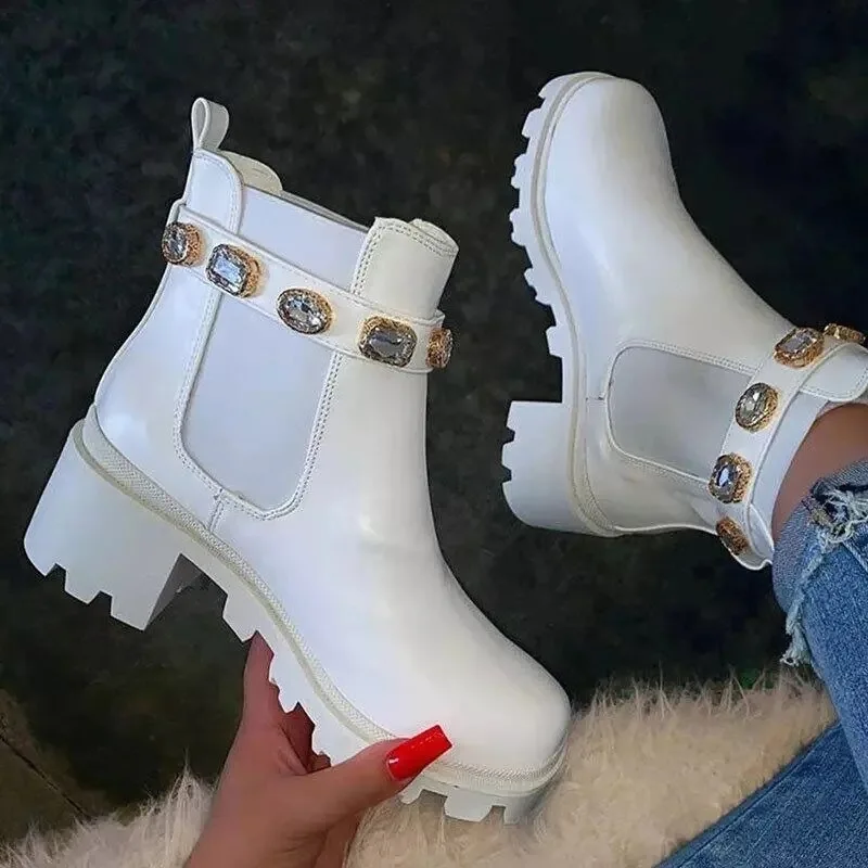 

Women's Boots mid Heel Chunky Heel Water Diamond Side Pull ort Boots Large Size Leather Boots Winter High Tube Booties