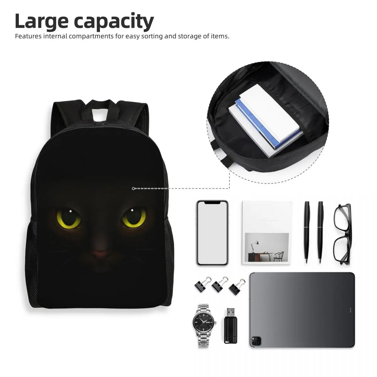 Personalized Black Cat Face Backpacks Men Women Casual Bookbag for College School Bags