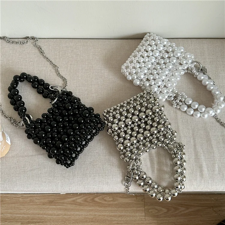 Handheld Pearl Bag, 2024 Summer New Fashion Perforated Chain Bag, Crossbody Beaded Woven Bag