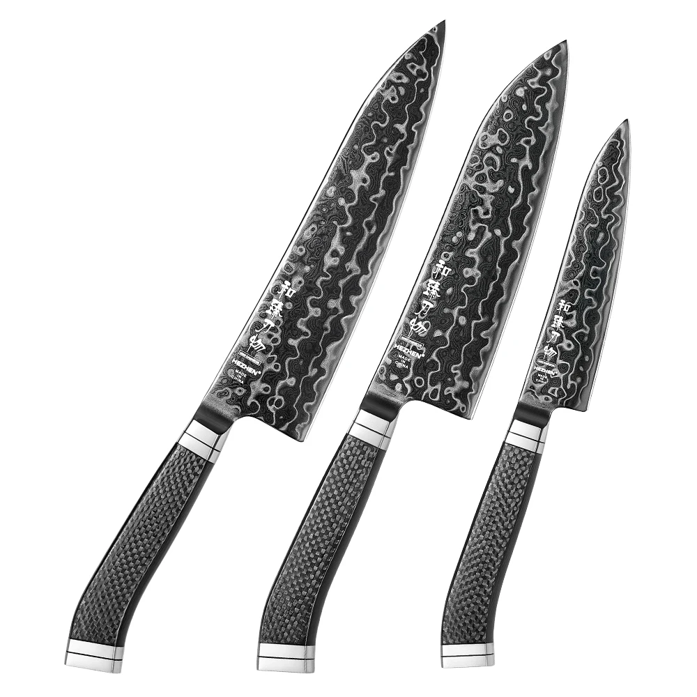 HEZHEN Ultimate Series 1-teiliges oder 3-teiliges Messerset 145-Lagen M390 Kern-Damaststahl Kohlefaser-Griff DLC-beschichtete Kochklinge Santoku-Messer
