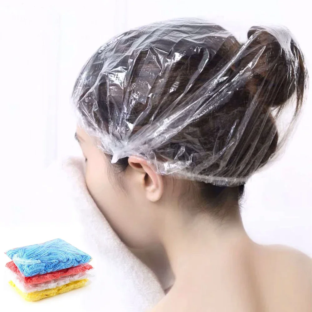 100Pcs Disposable Shower Cap Elastic Bath Bonnet Waterproof Plastic Hair Cover for Women Dyeing Sauna Hat