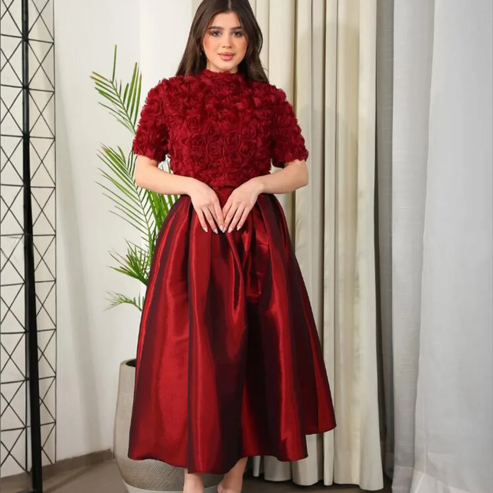 Customized A-Line Prom Dresses Tea-Length High-Neck Half Sleeve Evening Dresses Simple Fashion Flowers Bow Party Dresses
