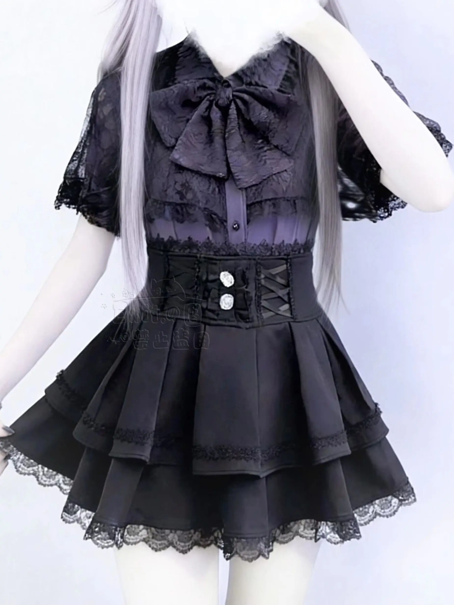 

Japanese Kawaii Lace Lolita Blouse Short Sleeve Jirai Kei Girls Shirt Y2K High-waisted Mini Skirt Subculture Cute Women Outfit