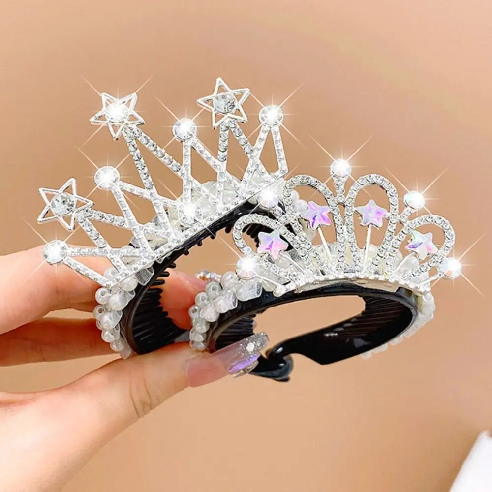 Crystal Pearl Sweet Kids Headwear Princess Children's Crown High Ponytail Fixed Artifact Bun Hair Clip Crab Kids Hair Claw