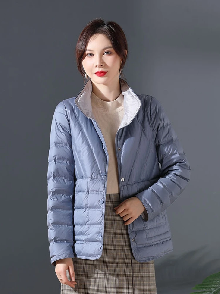 Chaqueta de plumón de pato para mujer, ultraligera parka Reversible, abrigo corto informal, de lujo, de alta calidad, color blanco, 90%