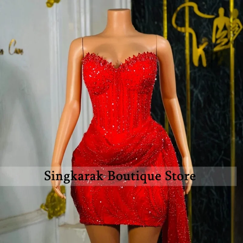 레드 스팽글 스파게티 스트랩 하트 넥 프롬 드레스 미니 드레스 드레이프 디테일 맞춤형 포멀 이브닝 드레스