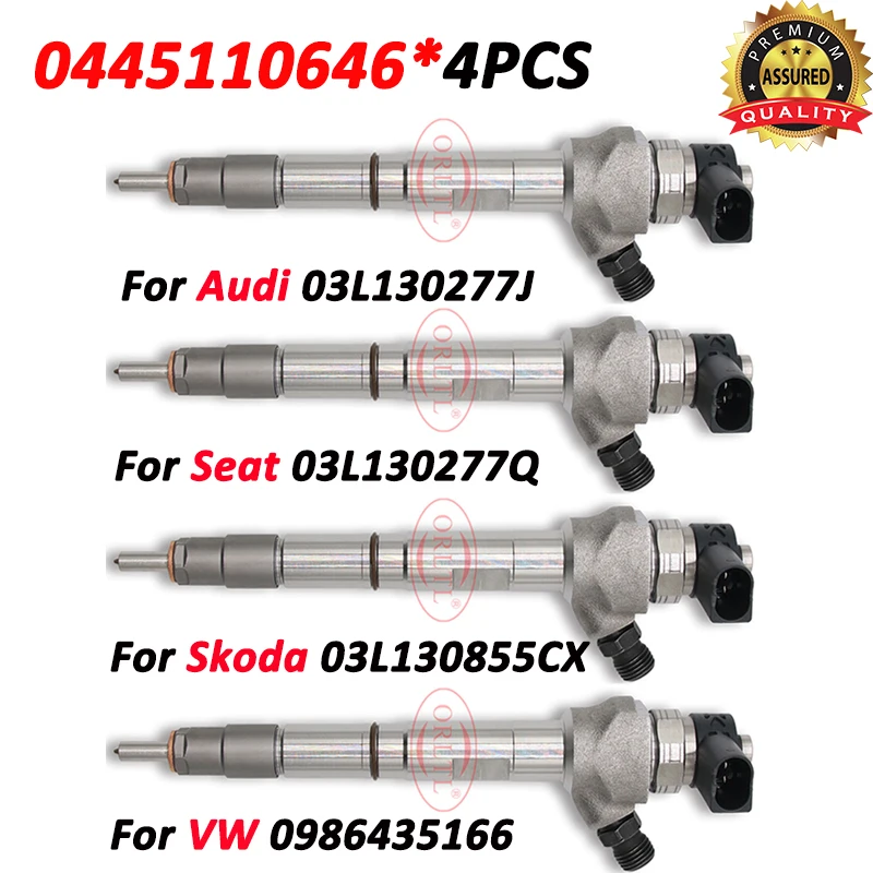 

4PCS 0445110646 Diesel Injector 03L130277J Euro5 Fuel Nozzle 03L130277Q For AUDI SKODA SEAT VW 03L130855CX 0986435166