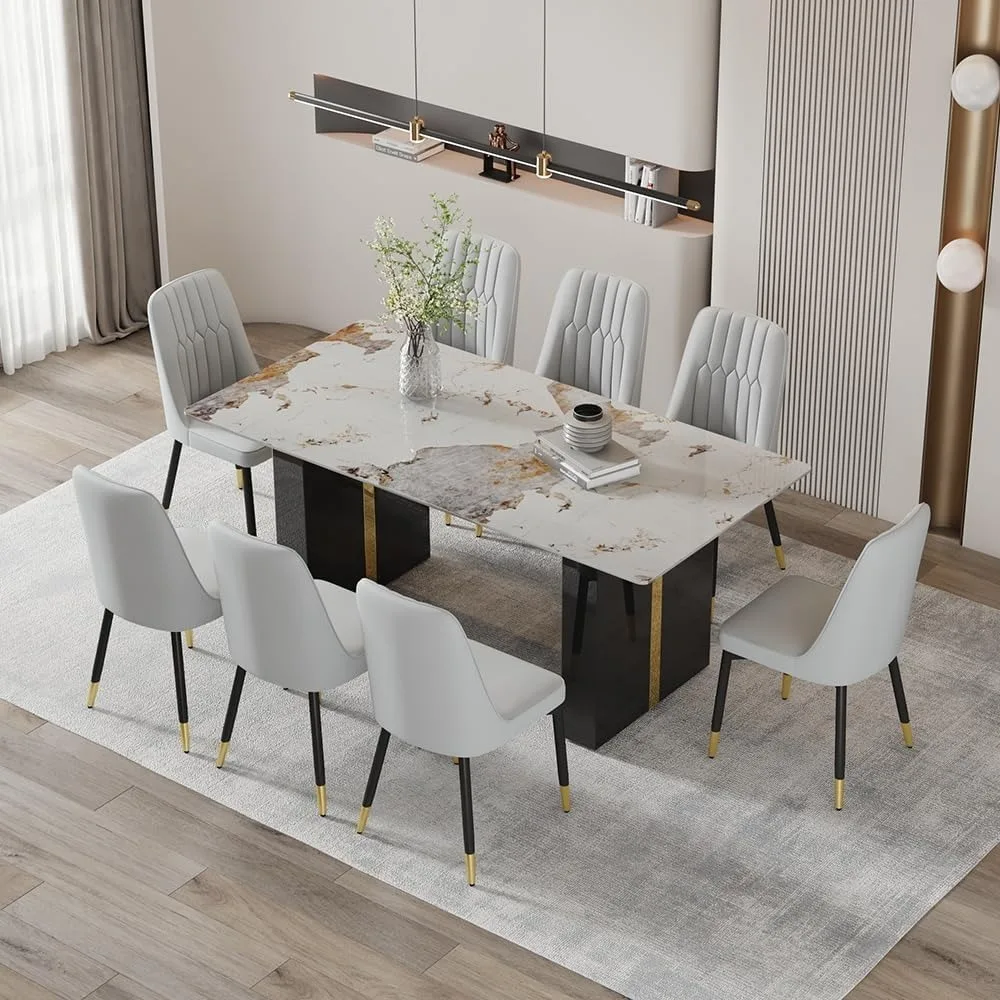 

71'' Modern Dining Table Set for 8, Kitchen Table for 8, Dining Faux Marble Table Set for 8, Dining Tables Set