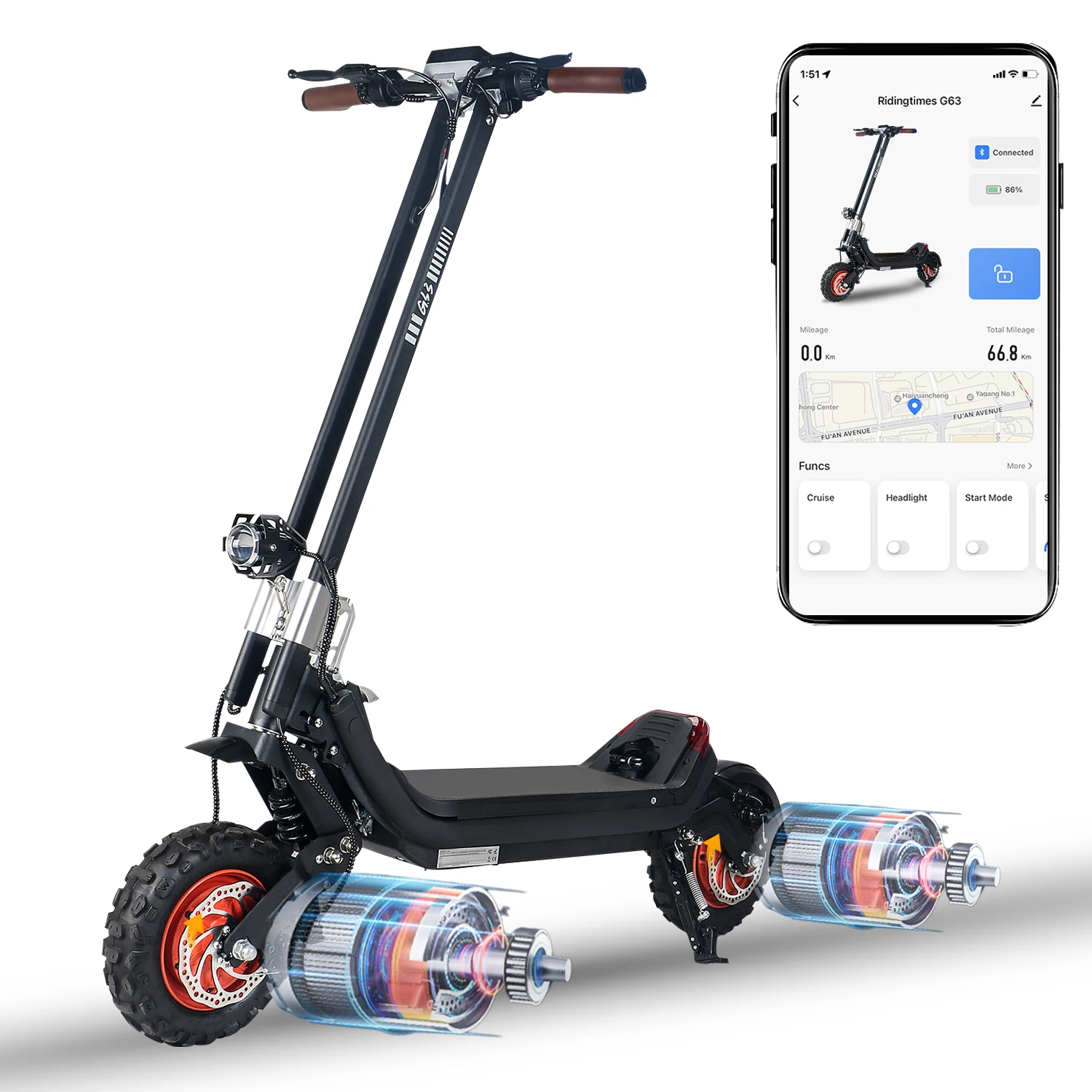 

Off-Road Escooter 48V Electric Scooter Long Range for Adult Dual 1200W Motor