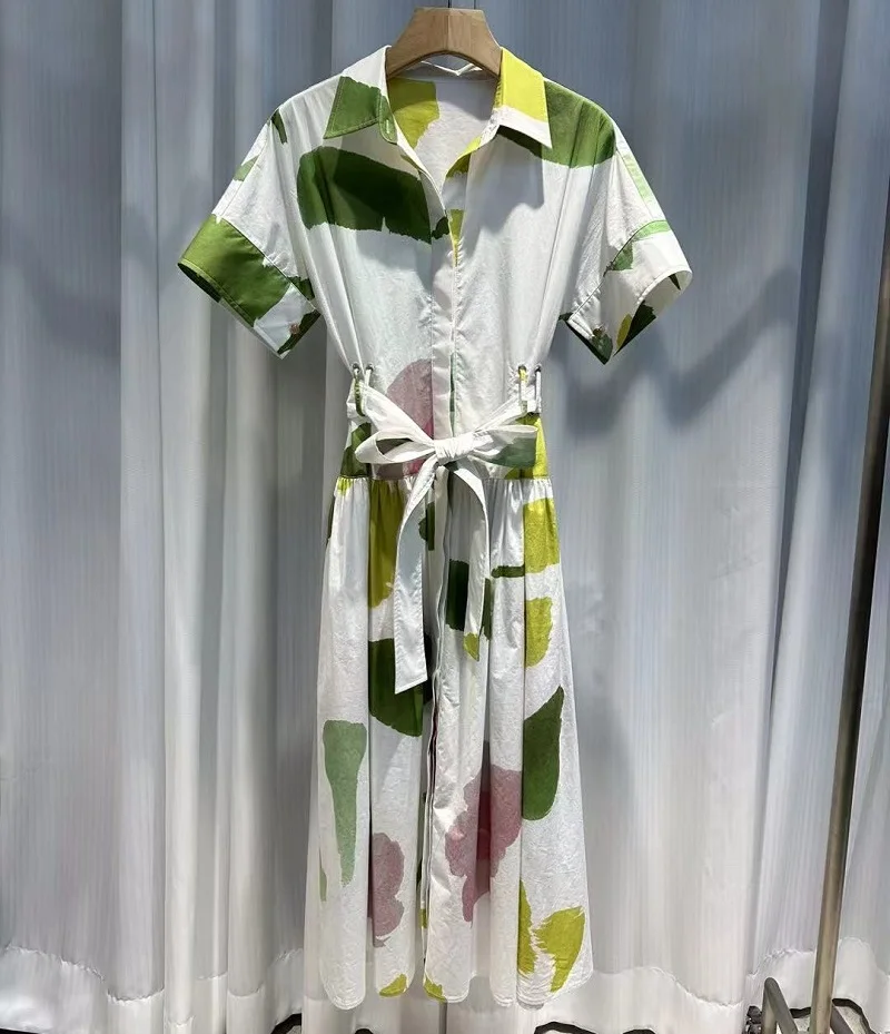

Top Quality New Summer Dress 2025 Fashion Style Women Turn-down Collar Exquisite Print Belt Deco Short Sleeve Luxury White Dress