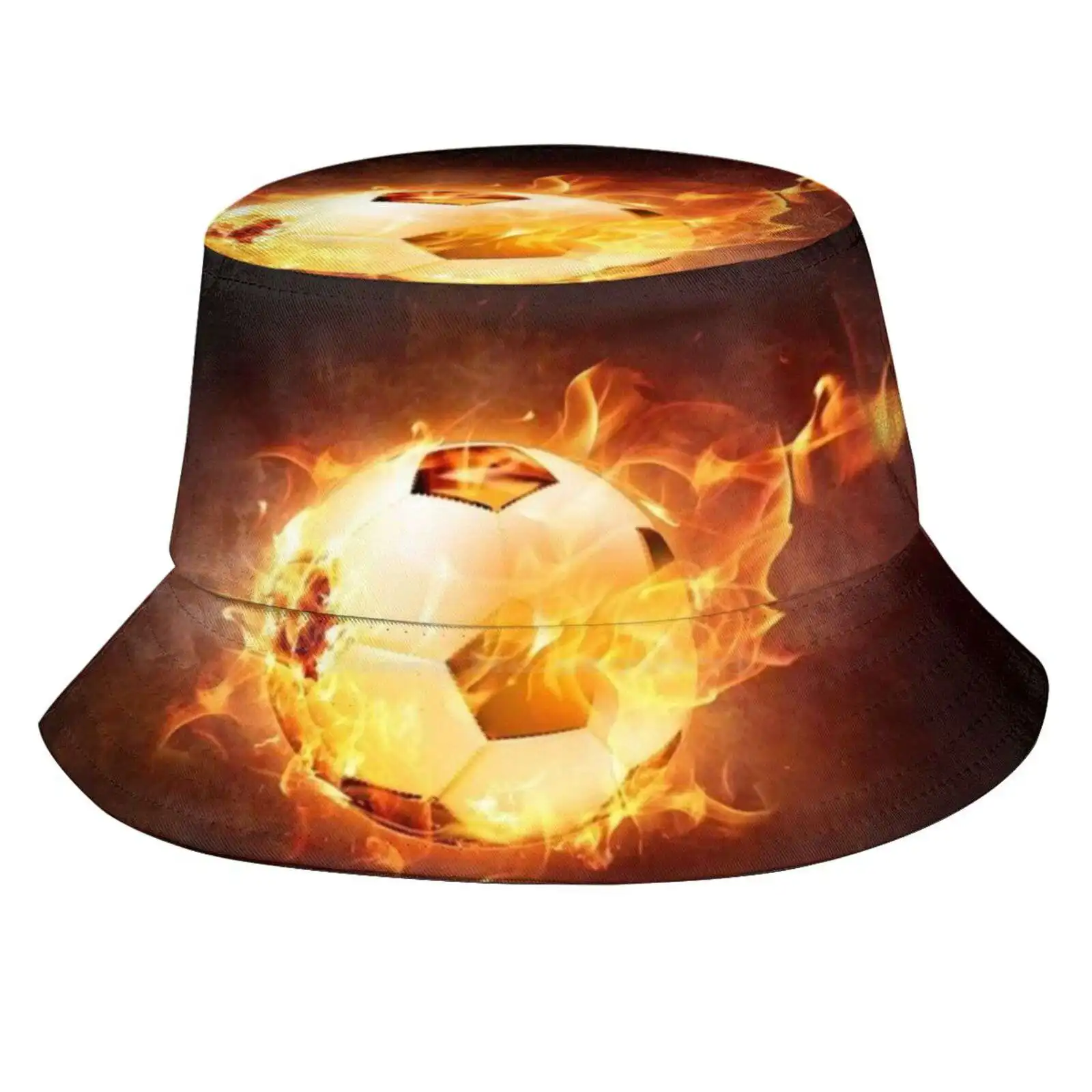 

Flaming Football/Soccer Ball Sun Cap Fisherman Hat Bucket Hats Flames Flaming Footie Soccerball Football On Fire Fireball Retro
