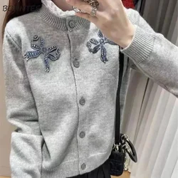 Cardigan Women Bow Design Unique Korean Fashion Knitted Sweaters Trendy Sweet Lovely Girls Autumn All-match Casual Cozy Feminino