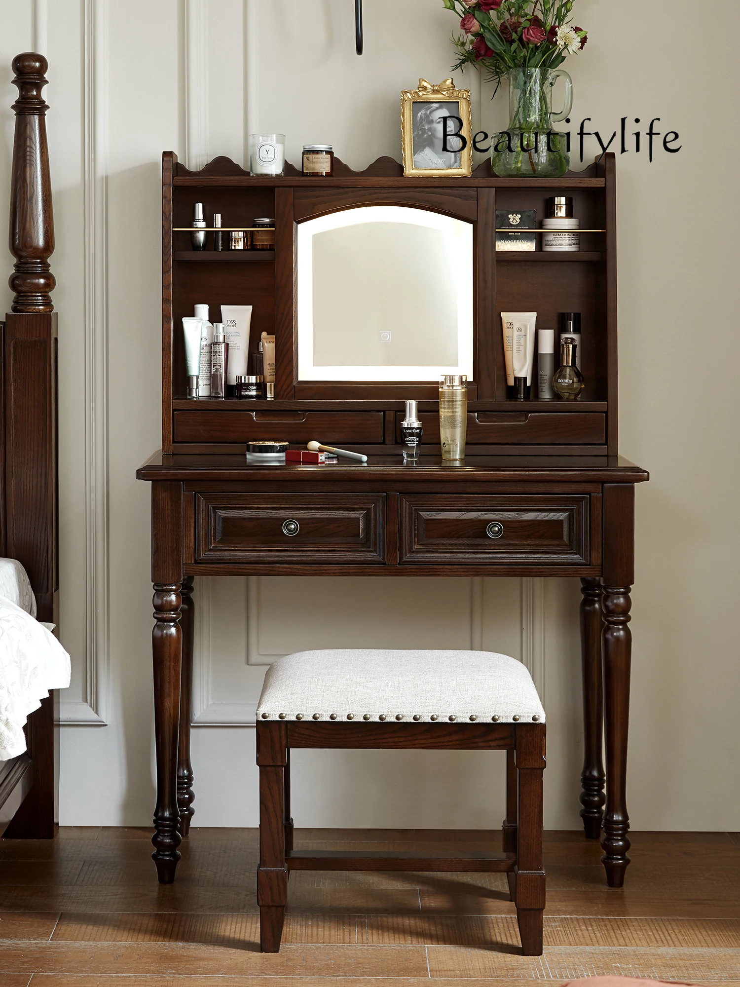 

American all-solid wood medieval dresser light luxury small apartment storage makeup table bedroom furniture