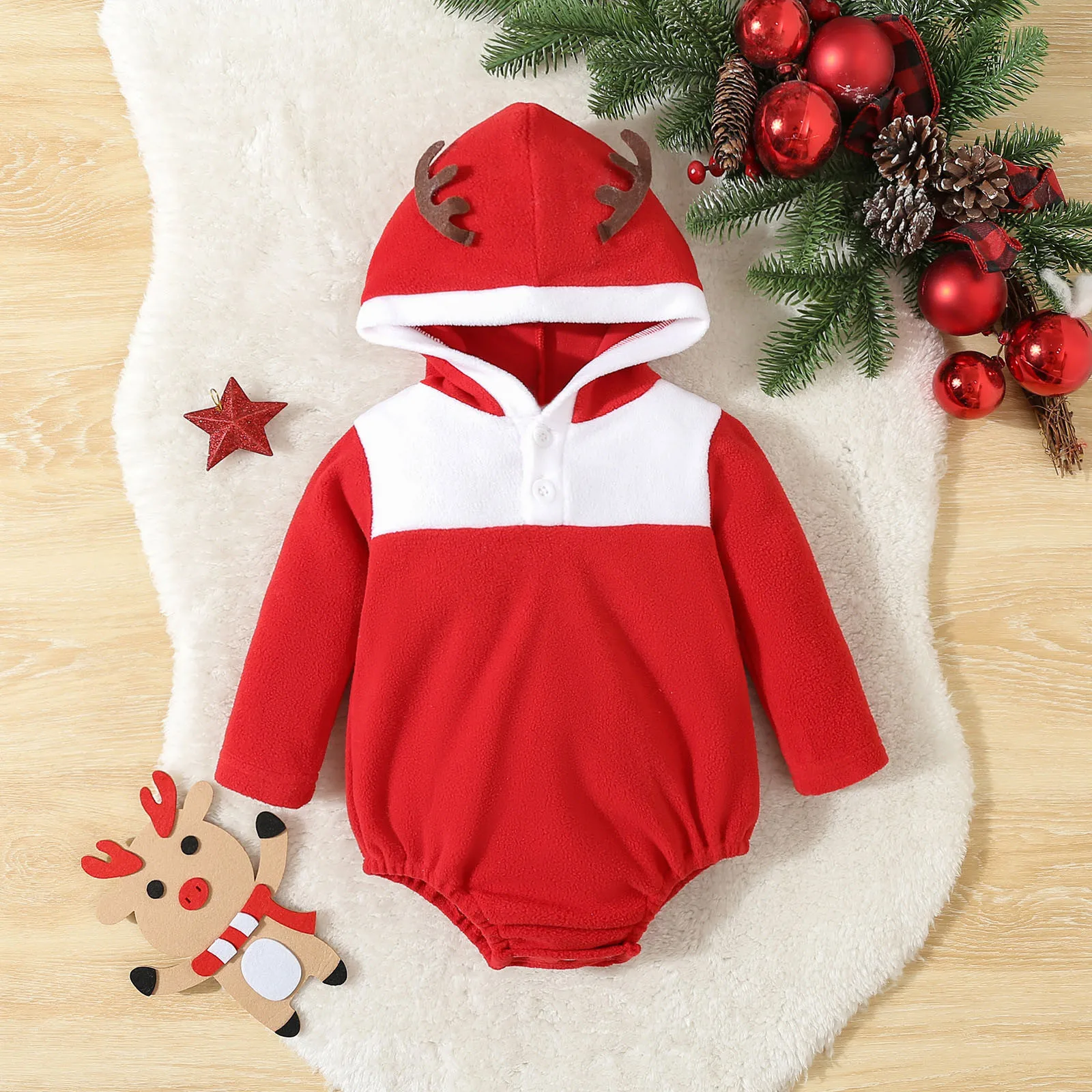 Christmas Costumes Kids Fleece Romper Baby Cute Deer Antler Warm Long Sleeve Hood Bubble Jumpsuit Newborn Warm Xmas Bodysuit