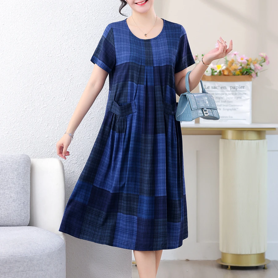 Neue Casual Mode Sommer Kleid Für Frauen 2022 Kurzarm Mid-Kalb Lose Taille Oansatz Robe Femme Plaid Kleider