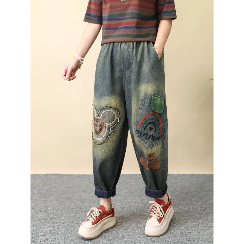 

ladies clothes Women's Vintage Mickey Embroidered Denim Jeans Autumn Style Big Patch Pockets Loose Cropped Harem Trousers hoodie