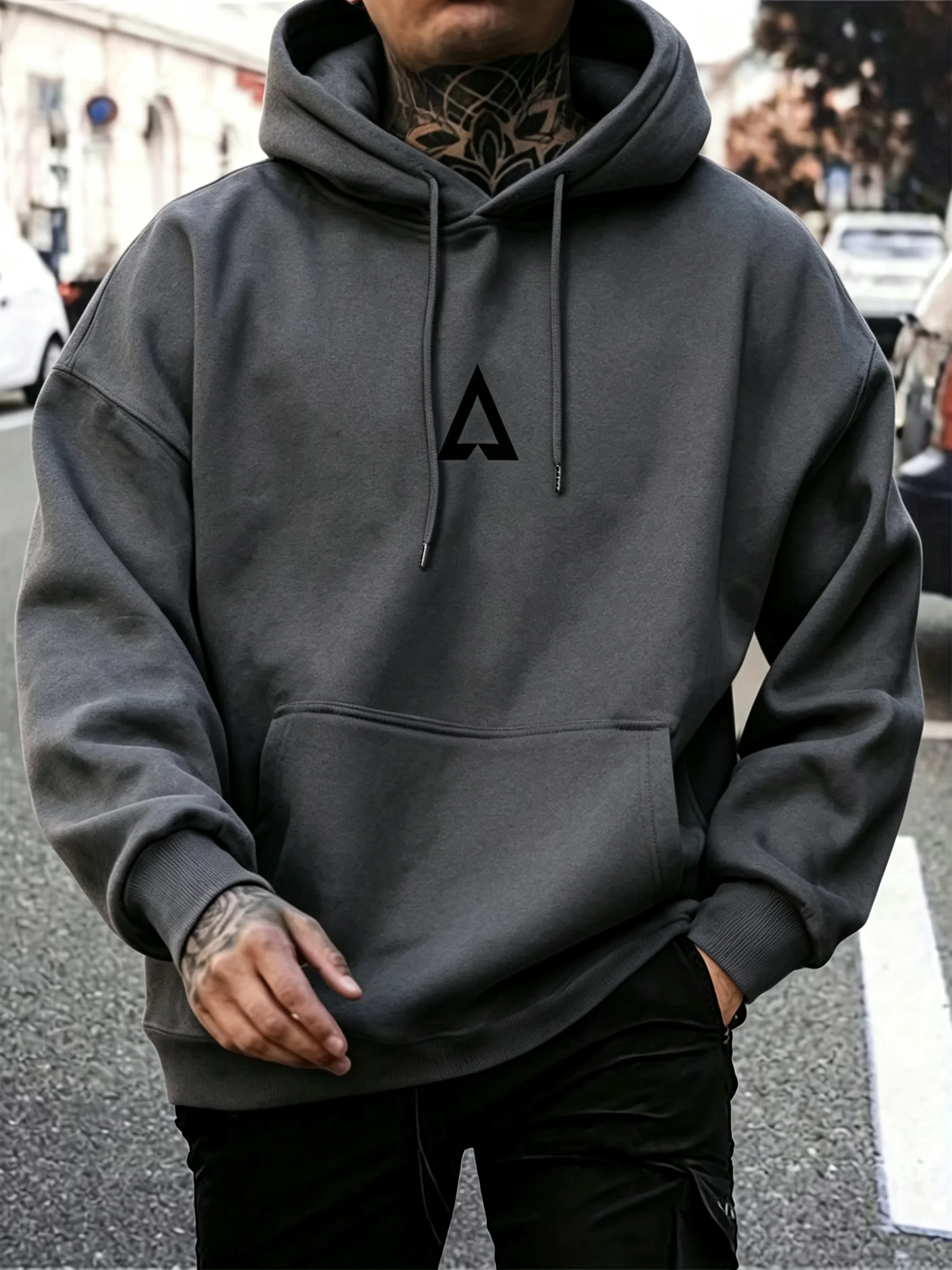 2026 Men Minimalist Triangle Printed Hoodie, Kangaroo Pocket Long Sleeve Casual Streetwear Loose Fashion Pullover Sweatshirt