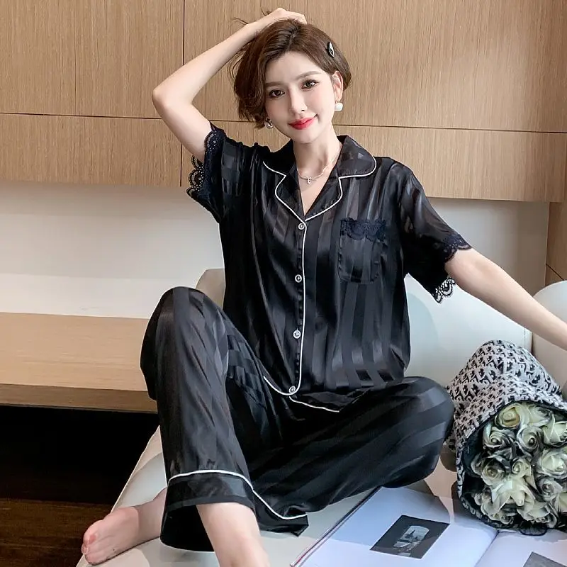 Summer Pajamas Women's Ice Silk Pijama Mujer Short Sleeves Casual Luxury Loungewear Women Light and Breathable