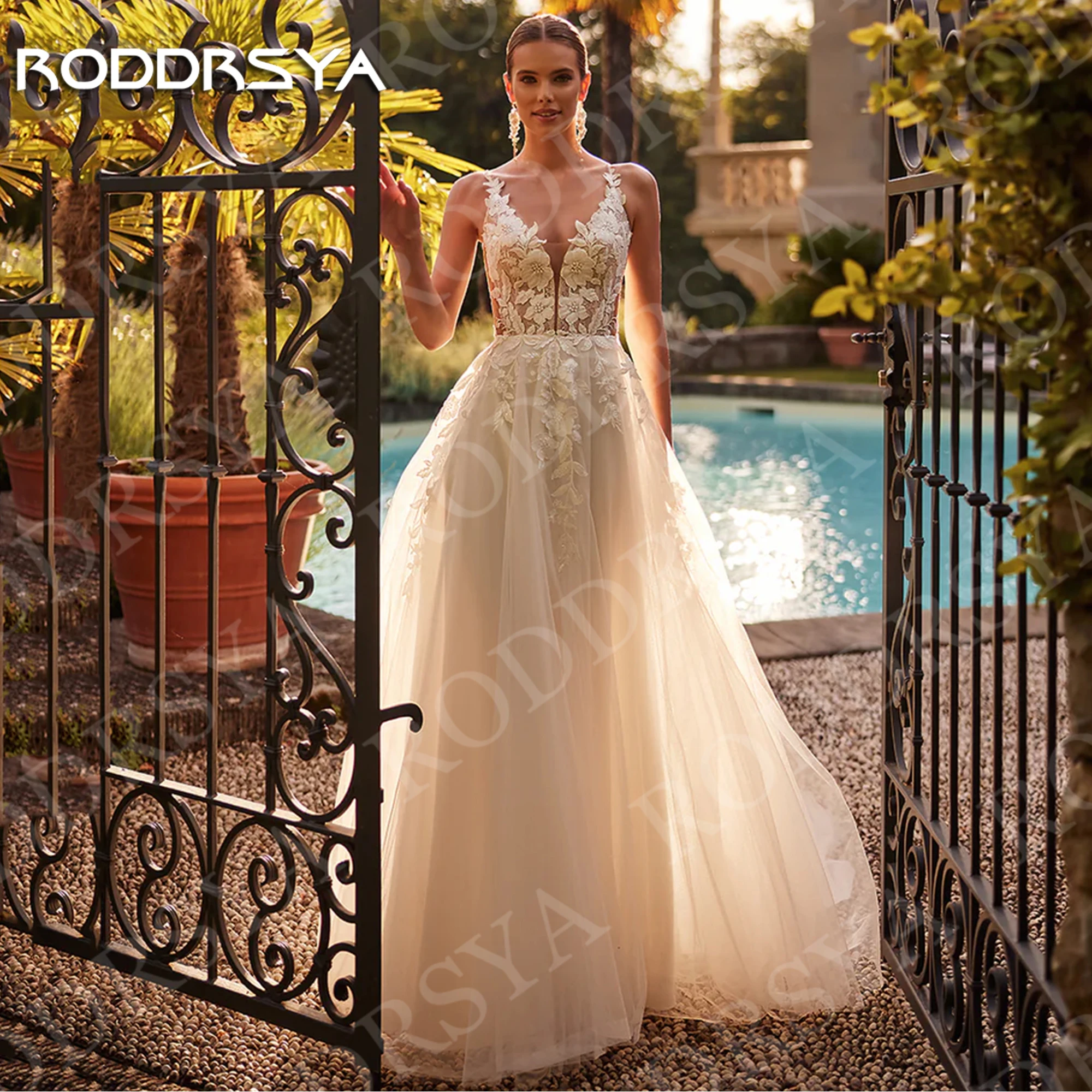 RODDRSYA Elegant Sleeveless Wedding Dresses for Woman Lace Deep V-Neck Open Back Bride Dress Tulle Beach Weddings Customized