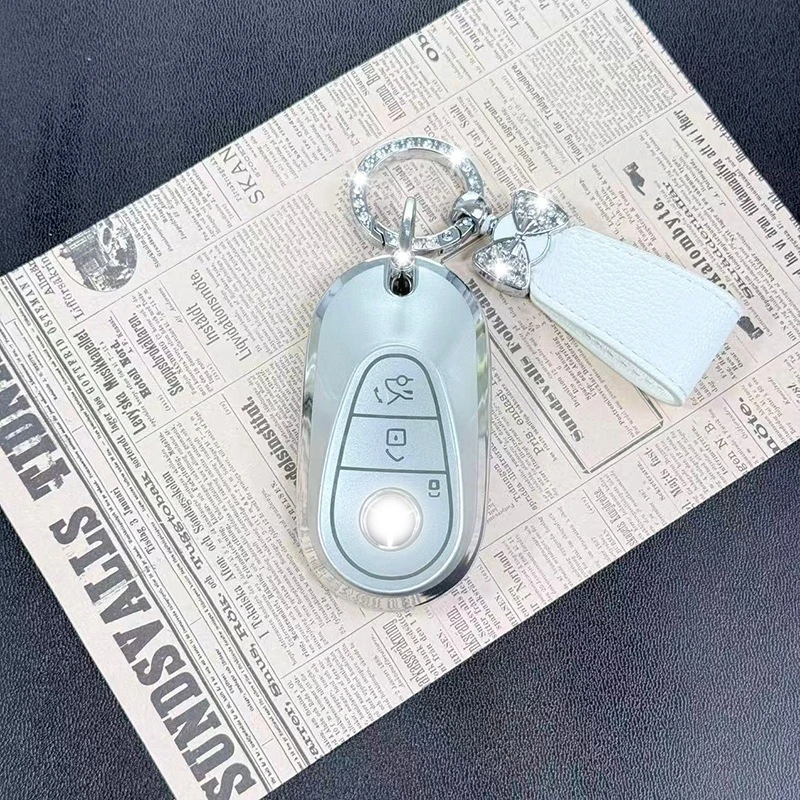 For Benz E300L C260L New C-Class Glitter Silver Transparent Car Key Fob Cover Women Cute Pony Charm Anti-drop Key Protector Case