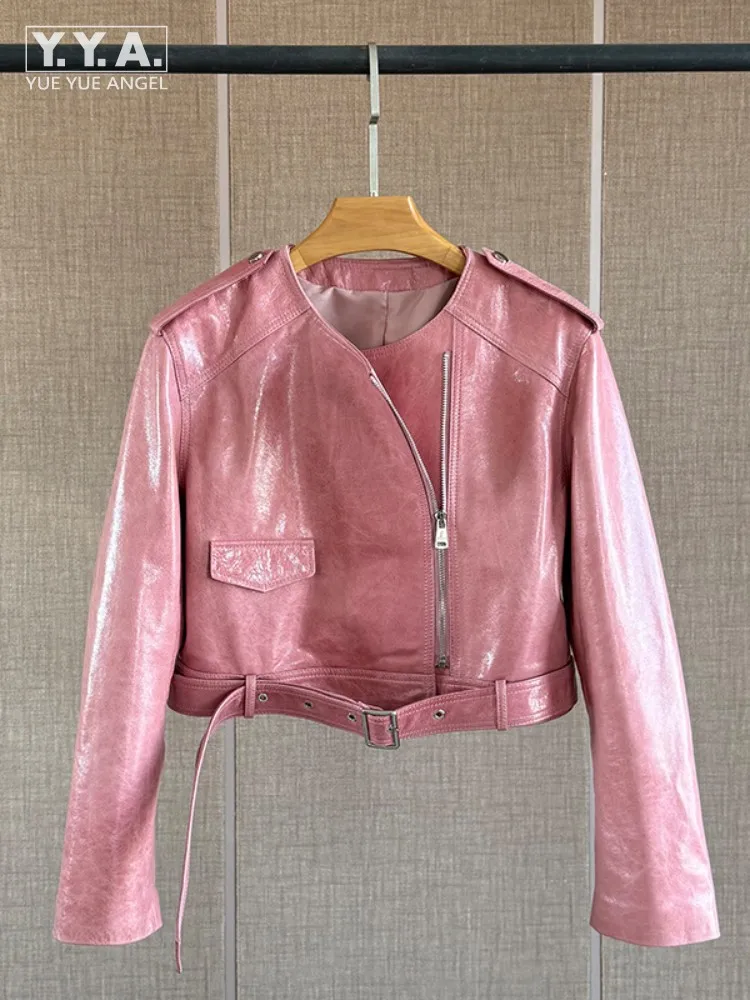 Mode femmes nouvelles vestes courtes en cuir véritable col rond fermeture éclair peau de mouton naturelle vêtements d'extérieur ceinture huile cire moto veste manteau