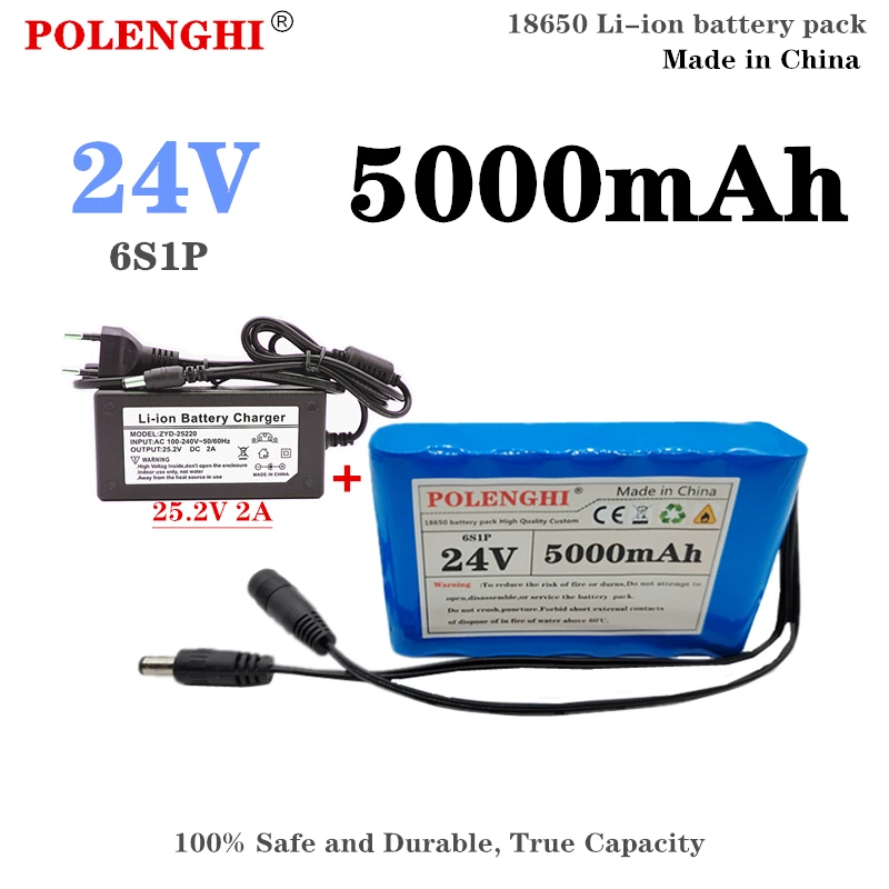 

POLENGHI 100% large capacity 24V 3600-5000mAh 25.2V 6S1P 18650 rechargeable lithium battery pack with built-in intelligent BMS