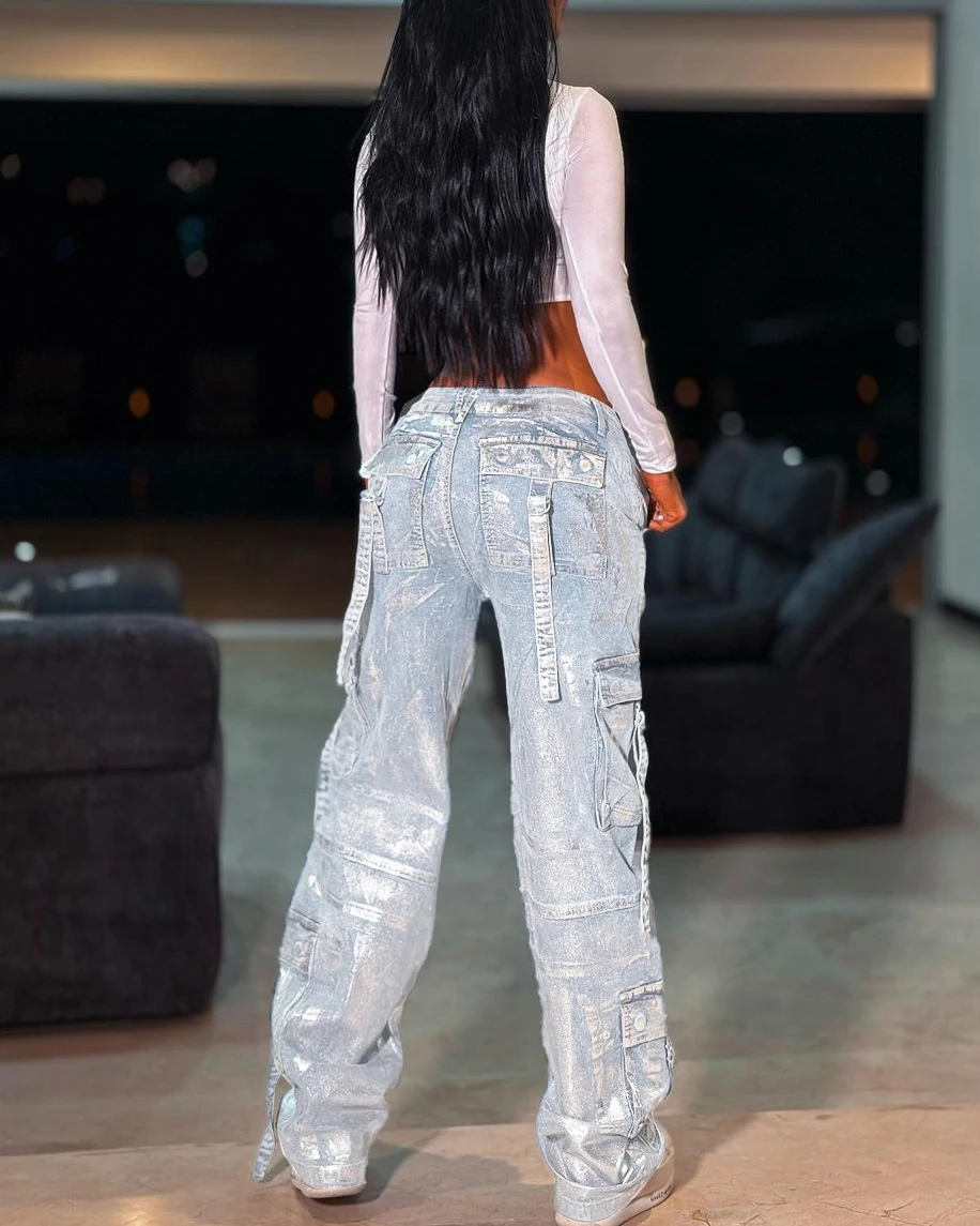 Oversized Washed Vintage Glossy Cargo Jeans for Women with High Waisted Loose Fitting and Slim Wide Leg Mop Pants Y2k