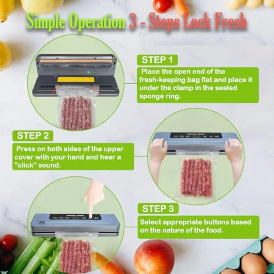 食品用真空シーラー コンパクトフードセーバーマシン 65kPa吸引 ワンタッチ操作 内蔵カッター 真空バッグ20枚付属