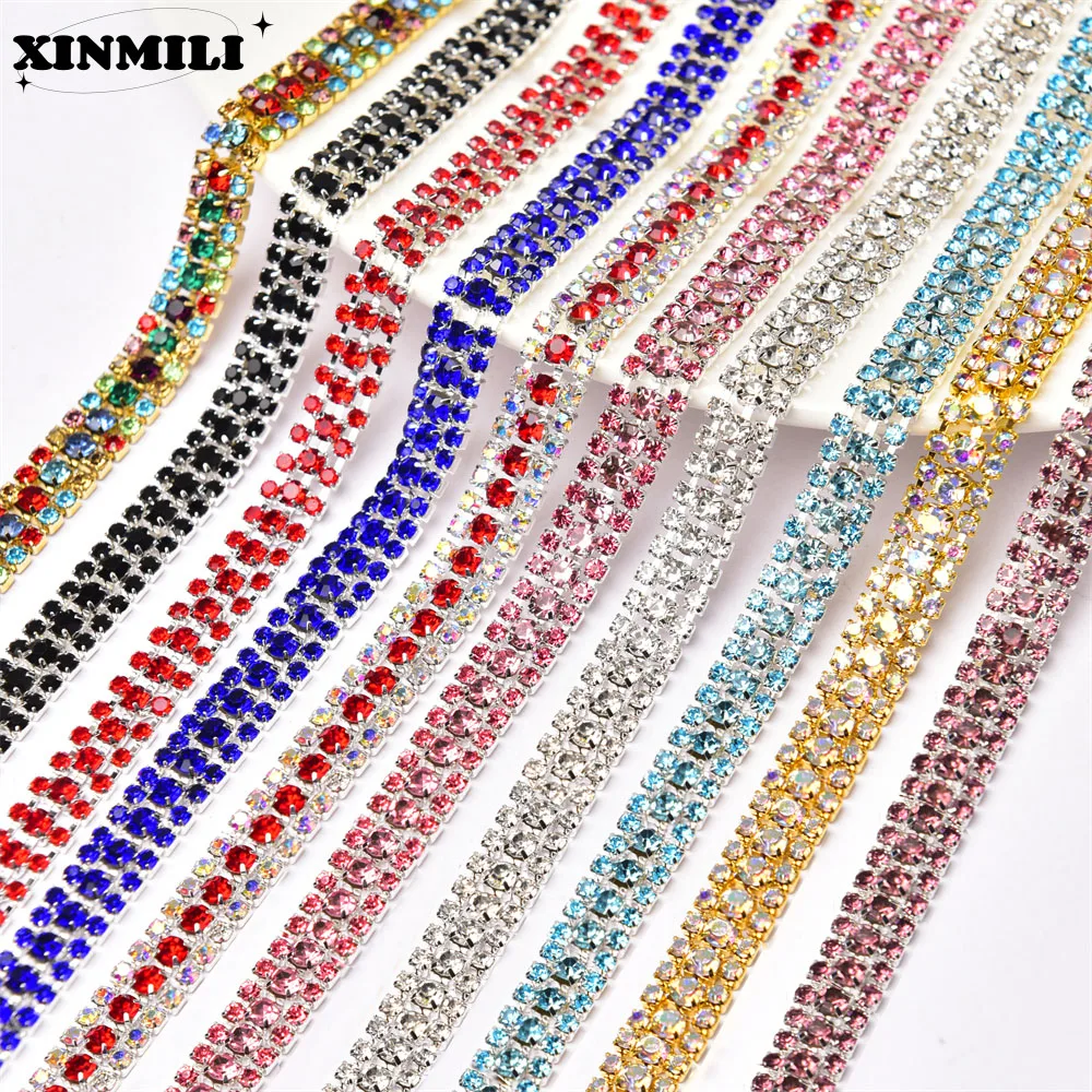 Fashion Rhinestone Cup Chain 3 Rows Glass Crystal Trim Mix Colors Sewing Wedding Dress Applique Ribbon DIY Clothes Accessories