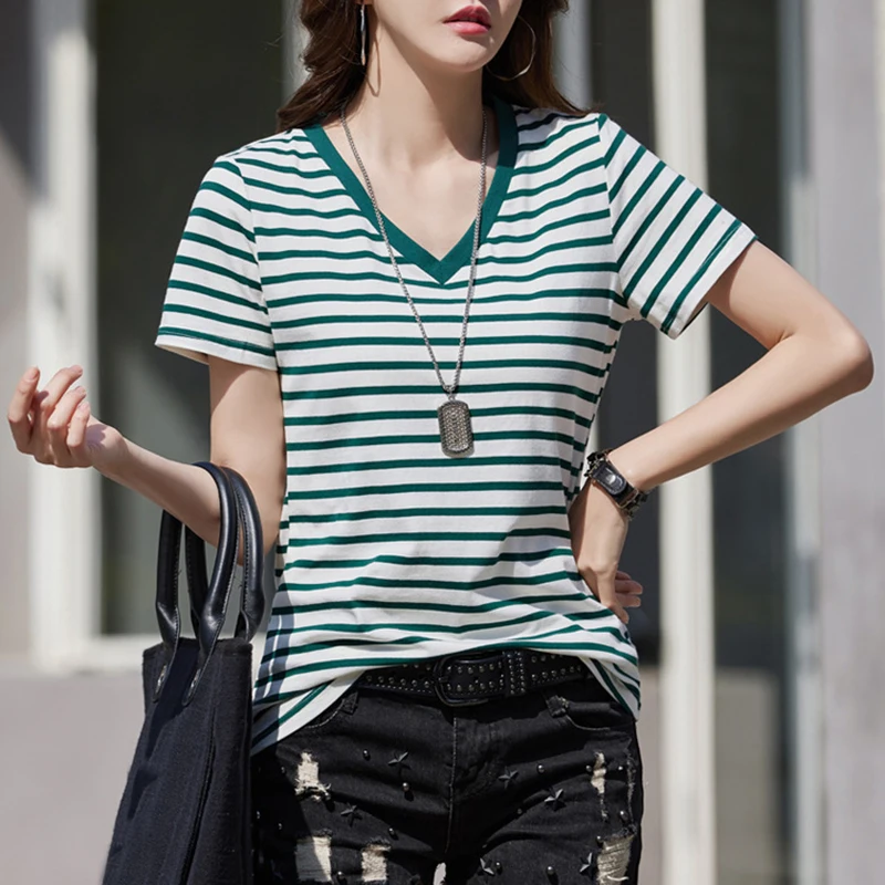 Cotton Short Sleeve Tshirt Women Striped Basic T Shirts Korean Fashion Woman Clothes Summer V Neck Top Casual Tee Shirt Femme