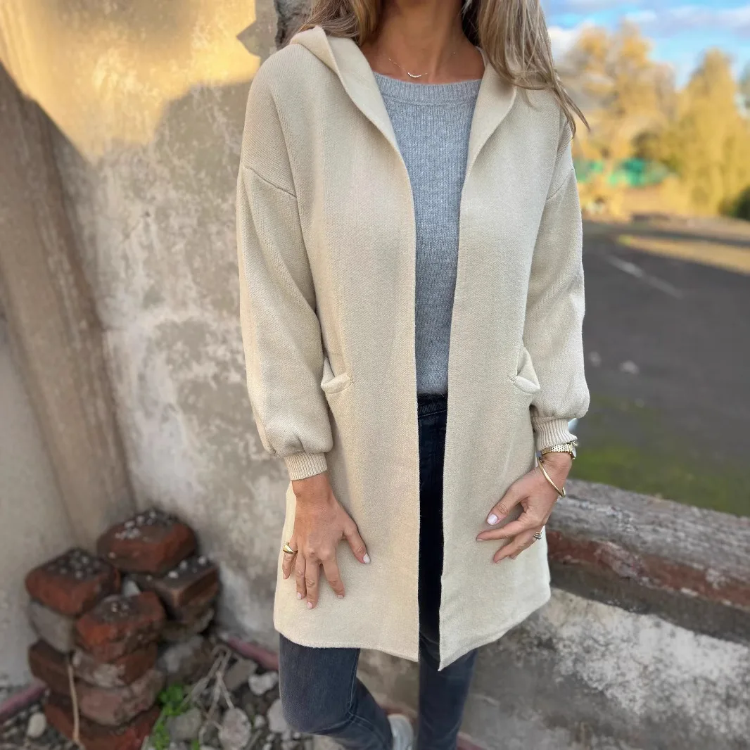 Casacos De Mulher De Inverno ミッドレングスウールコート、ポケットラペルフード付きジャケット、レディースカジュアルウール無地コート Invierno