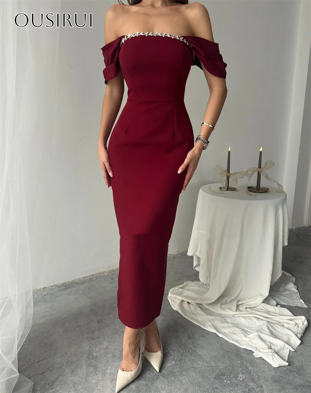 Off-shoulder satijnen schede cocktailjurken voor dames Kralen op maat Enkellengte Enkellengte lavi فسات فسات