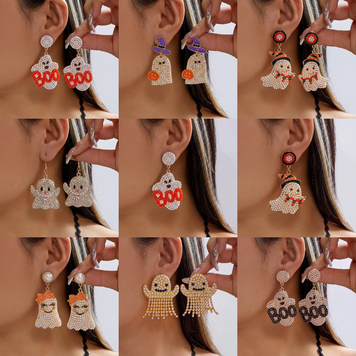 Cross border fashion cute Halloween exaggerated personality full diamond earrings, ghost rhinestone tassel earrings