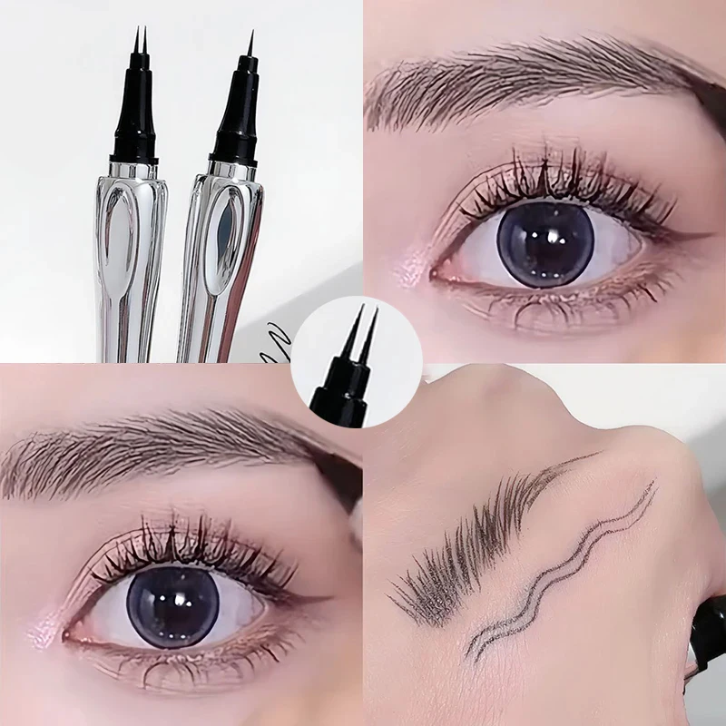 Lápiz de cejas plateado ultrafino de 2 puntos, tatuaje de cejas salvaje líquido, resistente al agua, 2 tenedores, lápiz para cejas de gusano de seda, maquillaje de ojos fácil de agarrar