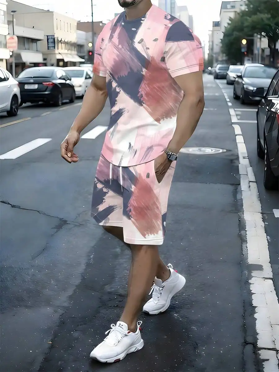 

Mens Short Sleeve Print Co-Ord Set Pink Gray Abstract Pattern Casual Beach Vacation Wear