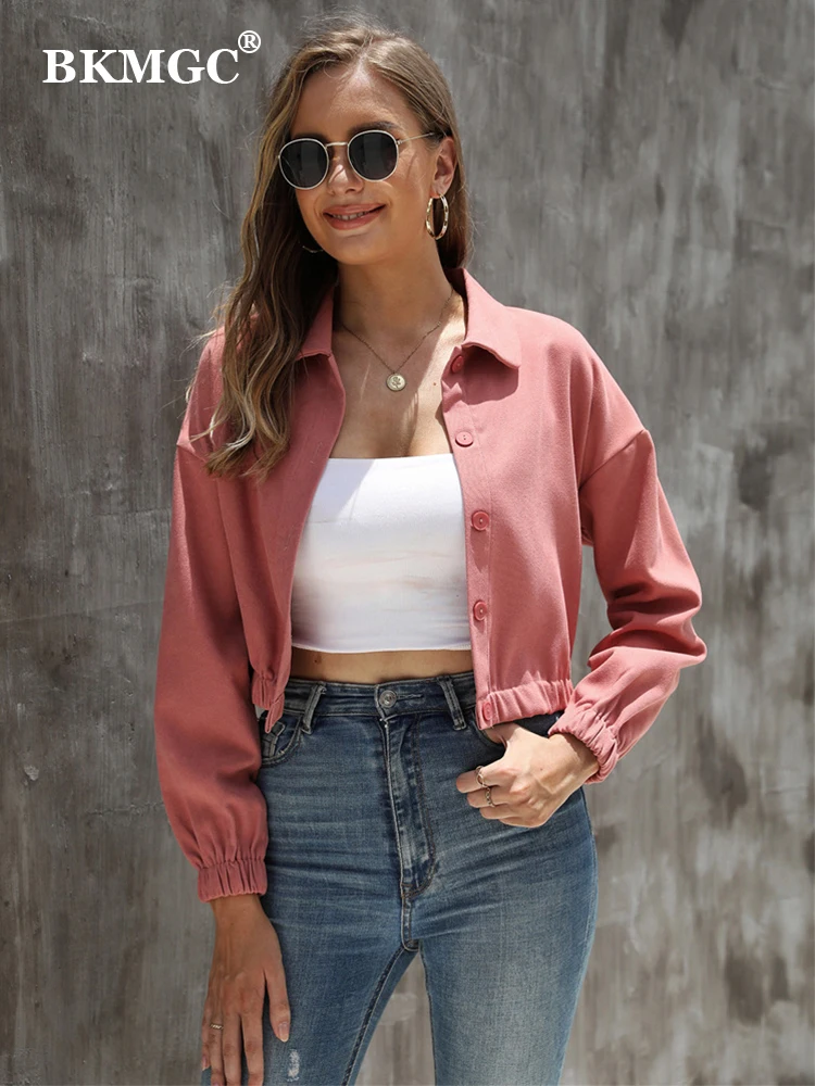 

BKMGC Korean Style Solid Classic Loose Shirts Blouse Women Daily All-match Lapel Short Coat Single Breasted Blouse Tops Women