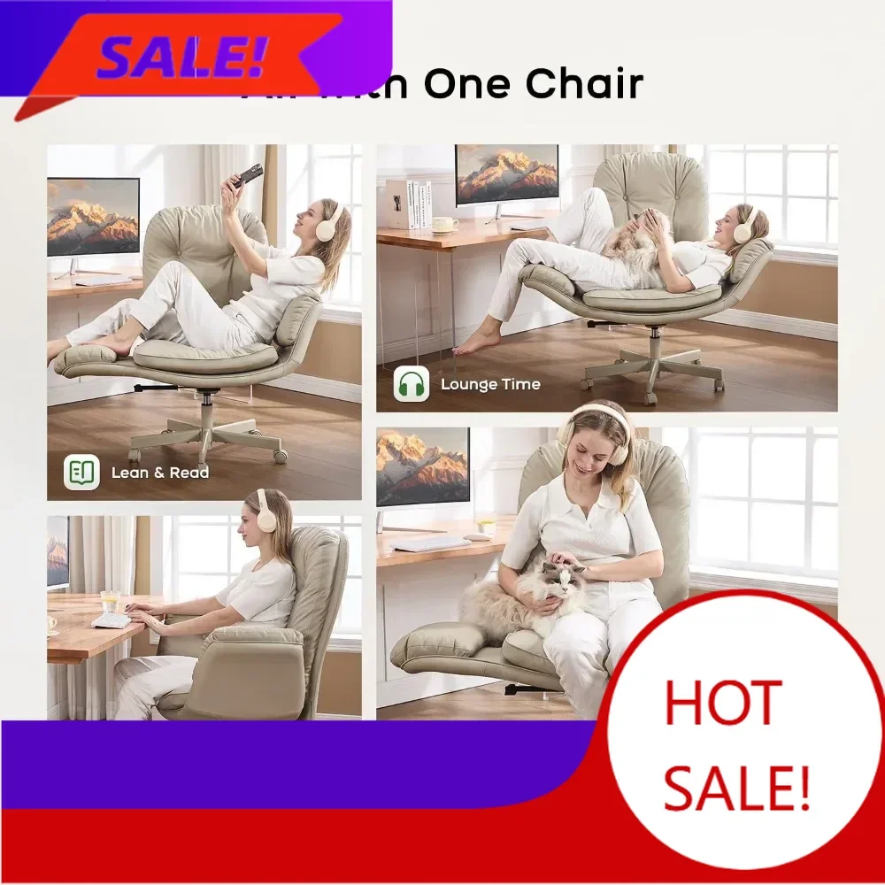 Silla de Oficina Giratoria Ajustable con Reposabrazos y Ruedas para Sentarse con las Piernas Cruzadas, Silla de Maquillaje de Cuero PU (Crema)