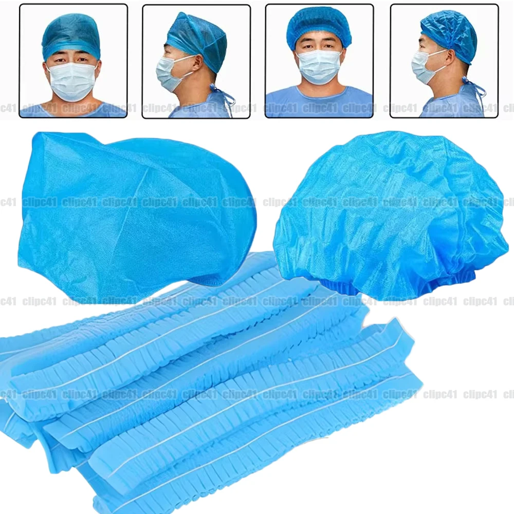 100Pcs Disposable Sterile Bouffant Caps Work Cap Stretch Net Head Cover Non Woven Fabric Hat for Cooking Cleaning Protection