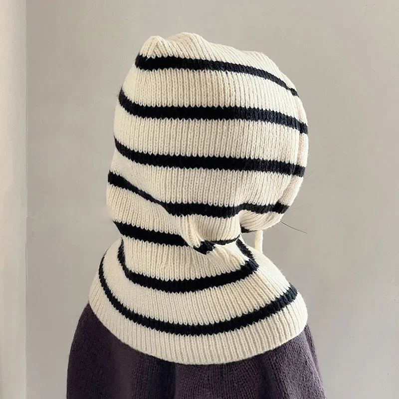 Cappello lavorato a maglia invernale a righe 2 in 1 per bambini - Berretto caldo con collo antivento e sciarpa monopezzo per ragazzi e ragazze