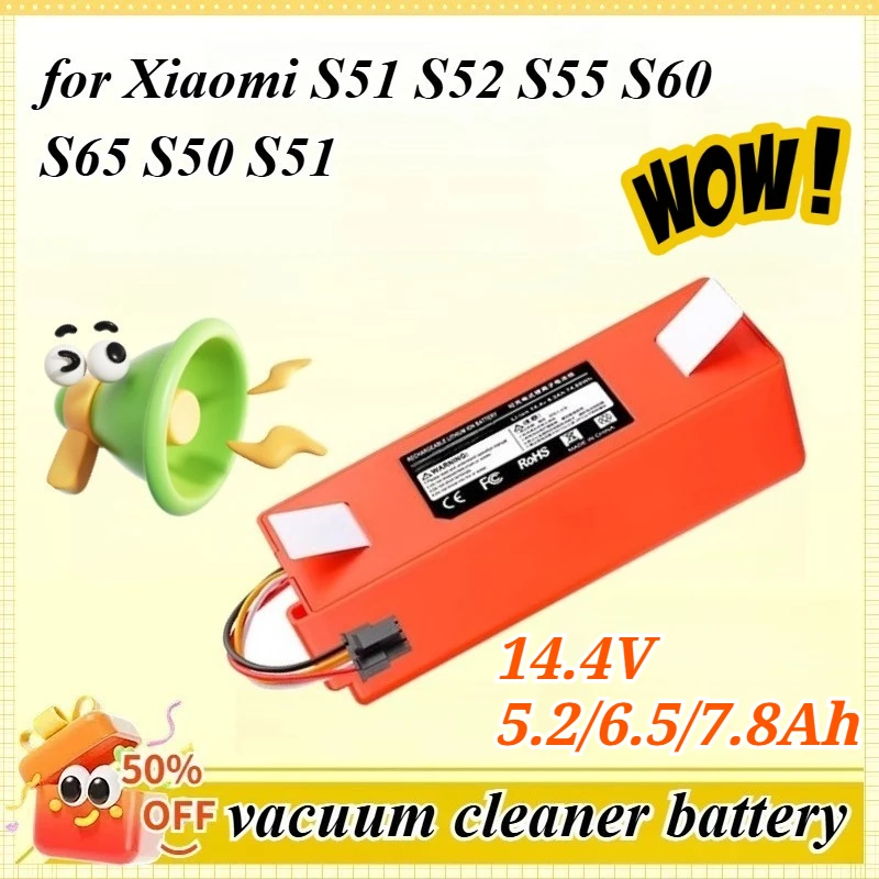

Аккумулятор 14.4V 5.2/6.5/7.8Ah для робота-пылесоса Xiaomi S50, S51, S52, S55, S60, S65, S50, S51, S5. Сменная батарея.