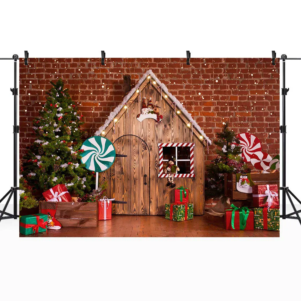 Mocsicka fondo de fotografía de Navidad para bebés y niños, pared de ladrillo, suelo de madera, caja de regalo de Navidad, Retrato, accesorios de fotografía