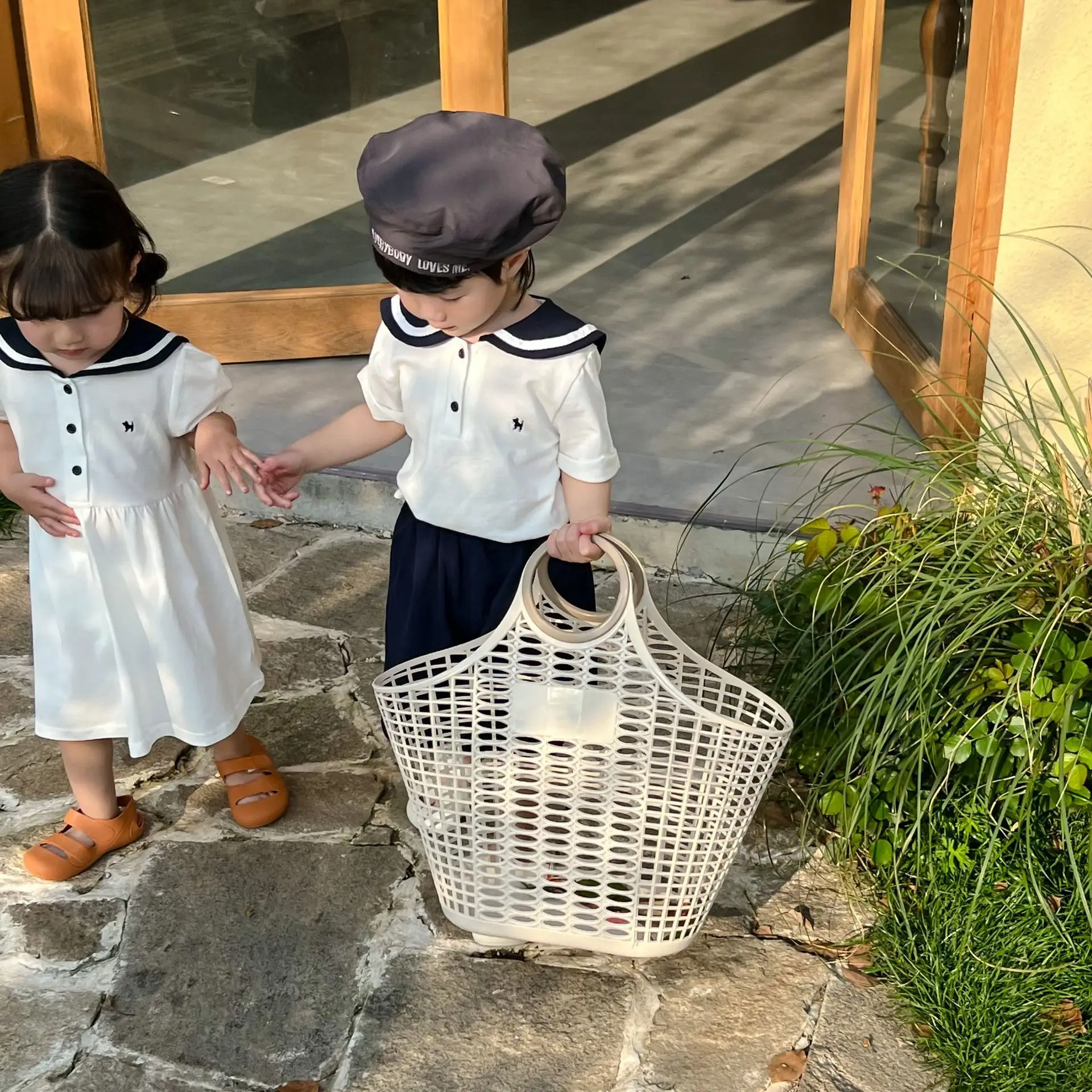 

2024 Summer New Sibling Outfits Children Academic Style Boy Navy Collar Tops Shorts Suit Girl Dress Brother Sister Clothes Set