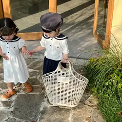 2024 Summer New Sibling Outfits Children Academic Style Boy Navy Collar Tops Shorts Suit Girl Dress Brother Sister Clothes Set