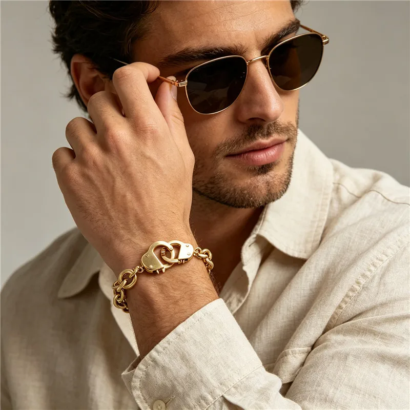 Kalen Edelstahl-Handschellen-Armband für Männer, Punk-Stil, Polierte Ovale Kette, Rock-Biker-Party-Schmuck, Geburtstagsgeschenk – Detail 4