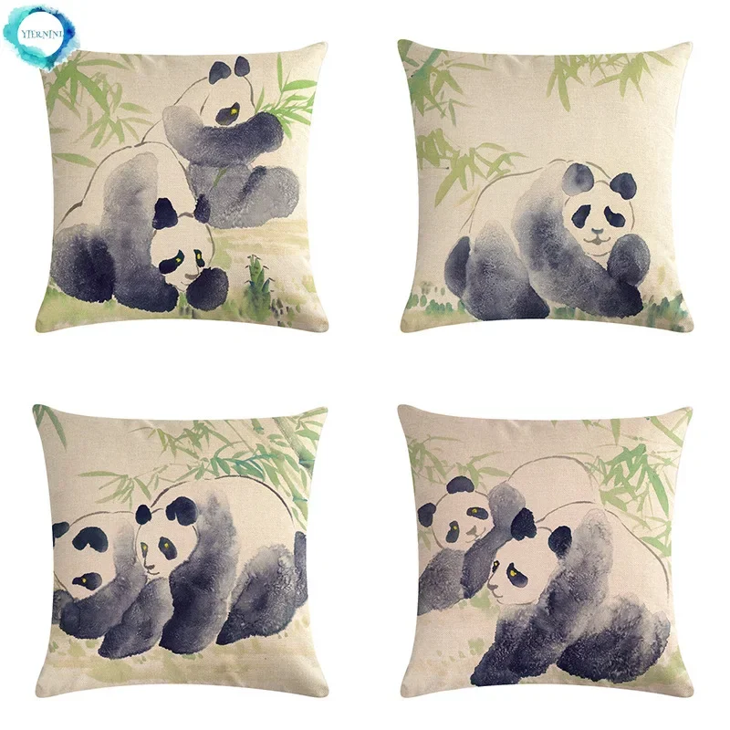 

Panda Printed Cushion Cover Bamboo Ink Painting Sofa Cotton Linen Decorative Pillowcase for Living Room Couch Home Decor 45x45cm