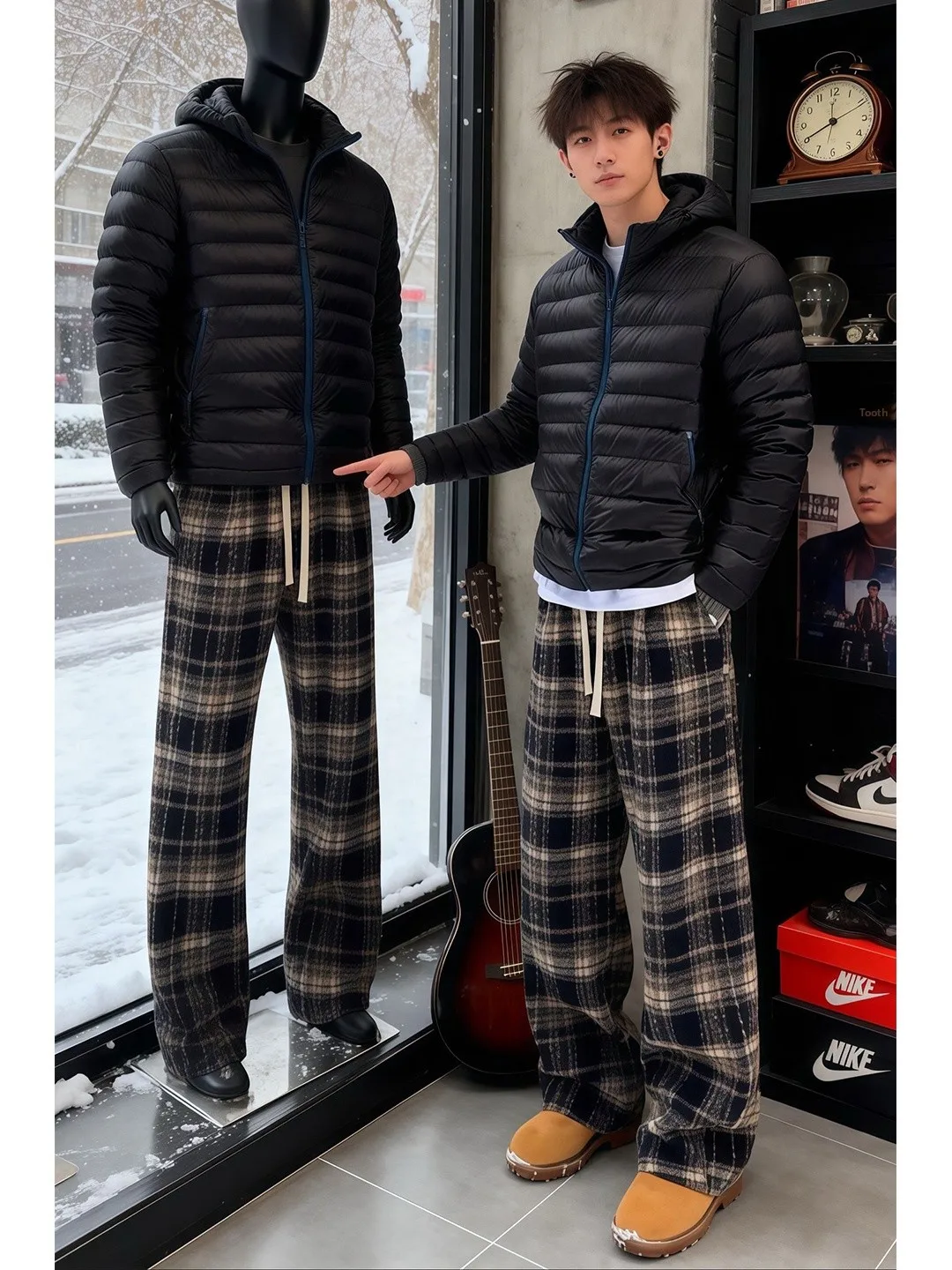 

Cleanfit Men's Bla Woolen Plaid Pants Autumn Winter Lazy Sle Straight Casual Trousers Micro Flared Knife Sweatpants