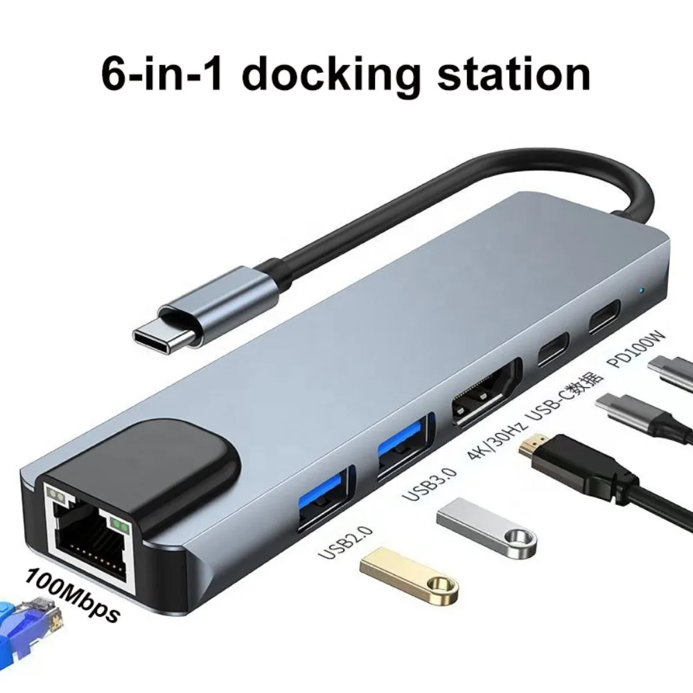 

6 in 1 USB C Hub 4K 30Hz HDMI-Compatible RJ45 100Mbps Ethernet PD 100W Charging USB 3.0/2.0 Hub Adapter for Laptops Tablet Phone