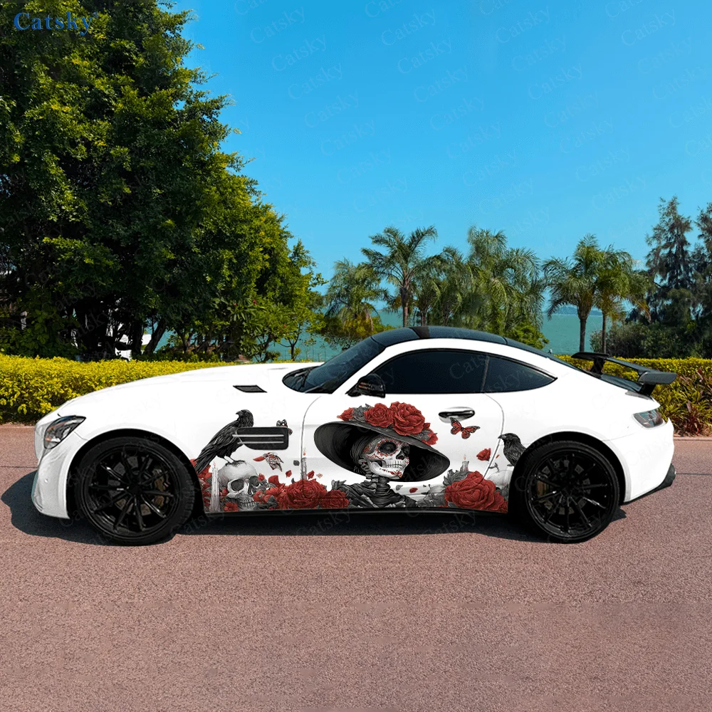Skeleton Gentleman Rose Car Vinyl Wraps Decal Self-adhesive PVC Sticker Suitable for Trucks SUV Decoration Auto Accessories Gift