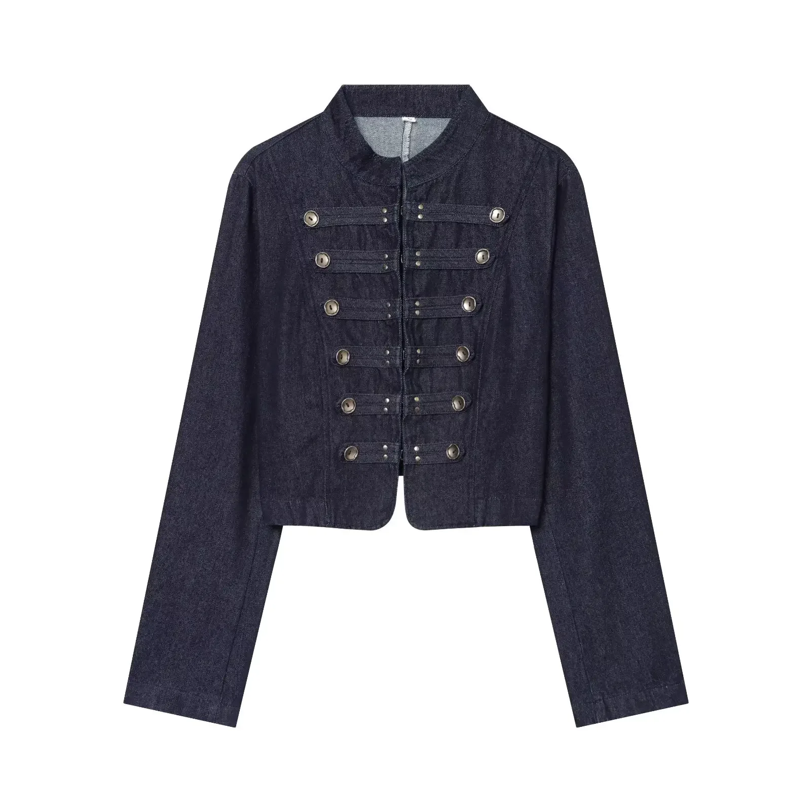 New Women Summer Preppy Tough Dark Denim Military Jacket Spring Stand Collar Double Breasted Metal Button Cropped Outerwear