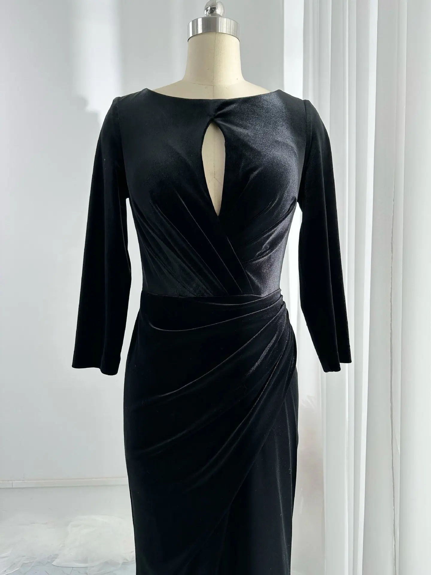 Vestido de noche de terciopelo negro de manga larga, Color sólido, elegante, súper adelgazante, cuerpo, banquete, falda, M1977